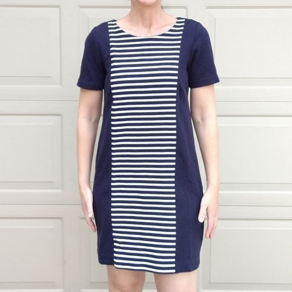 J. Crew Womens Stripe Knit Shift Dress Short Sleeve Back Zip Blue White Size 00 - Picture 2 of 14